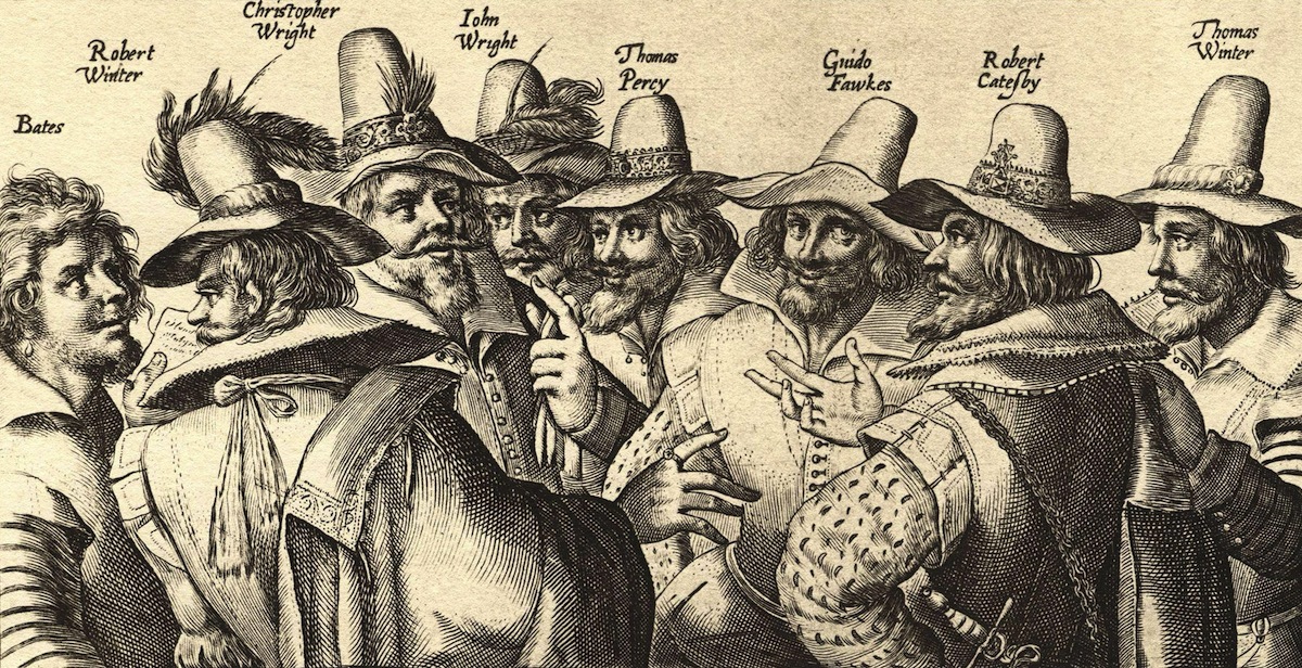 Guy Fawkes ve darbe heyetini temsilen o dönemde çizilmiş bir illüstrasyon.